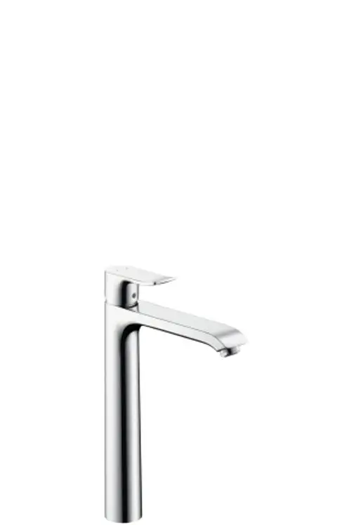Ein moderner Einhebel-Waschtischmischer von Hansgrohe in Chrom-Optik, geeignet für Aufsatzwaschtische, mit einem schlichten und funktionalen Design.